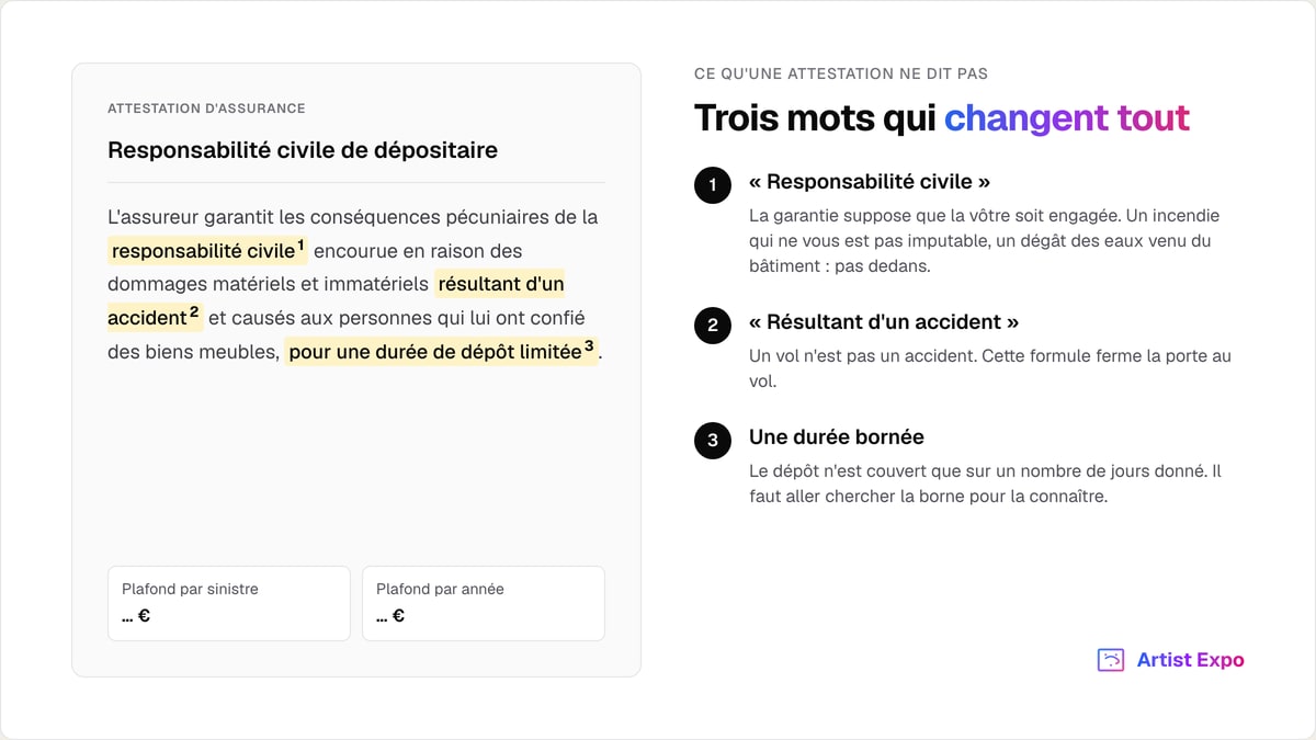 Extrait d'une attestation de responsabilité civile de dépositaire avec trois passages surlignés et numérotés, expliqués à droite : « responsabilité civile », « résultant d'un accident » et la durée de dépôt limitée